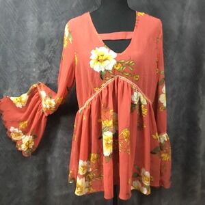 Boho Babydoll Floral Pheasant V-neck Top M Fairy Romantic Sheer XS Whimsy Coral